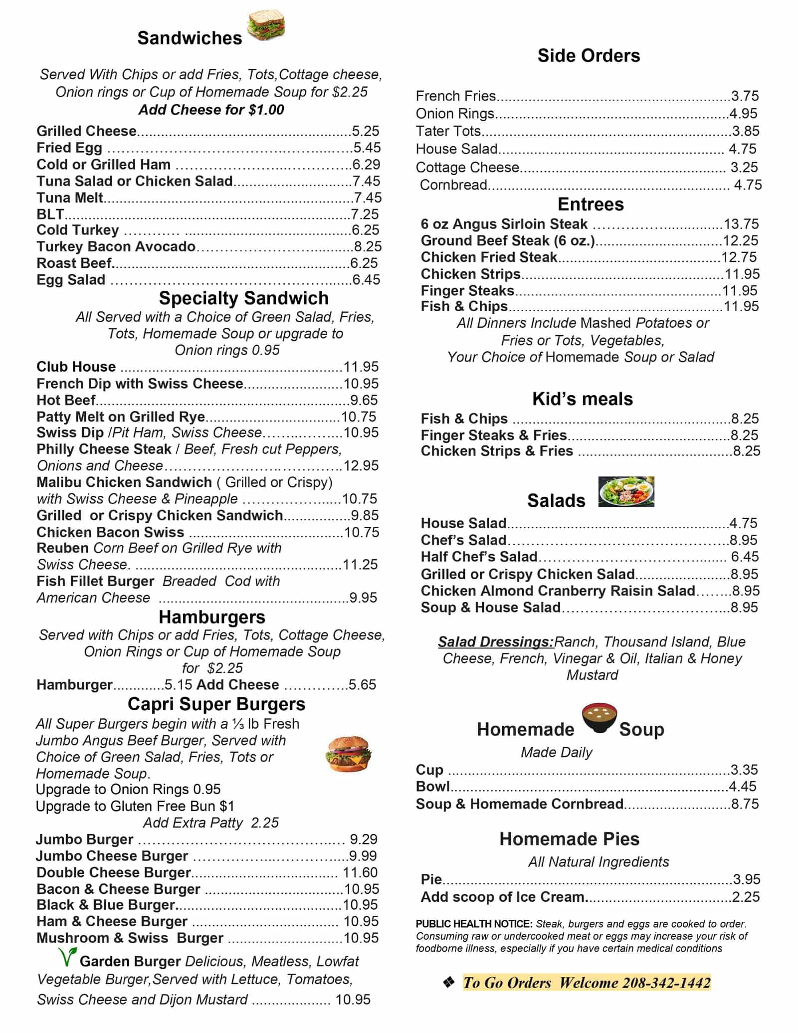 Boise Menu | The Capri Restaurant | Boise