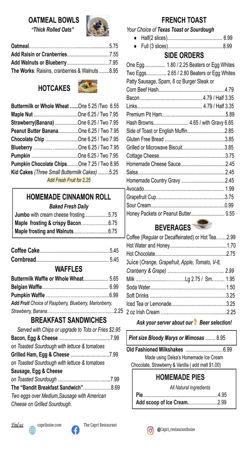 Boise Menu The Capri Restaurant Boise